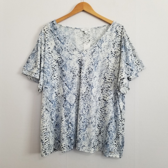 NWT Calvin Klein Blue Python V Neck Blouse Size 3X - Picture 1 of 6